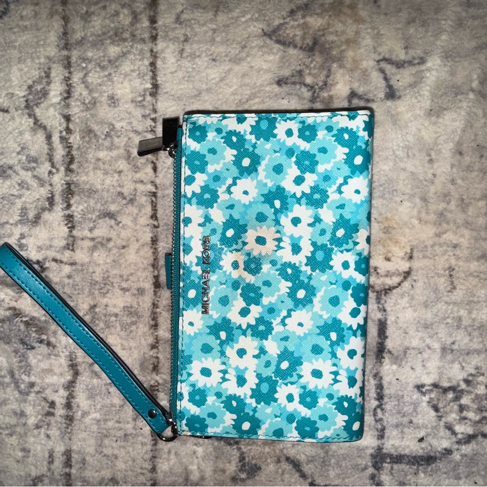 Michael Kors Teal and White Floral Wristlet